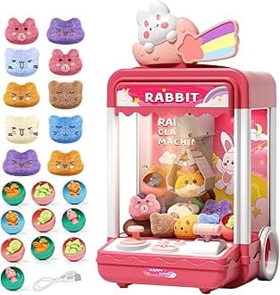 Kids Claw Machine, Mini Candy Vending Grabber, Prize Dispenser Toys for Girls and Boys, Electronic Claw Game Machine for Party Birthdays with Lights Sound, Includes 10 Plush and 10 Mini Toys