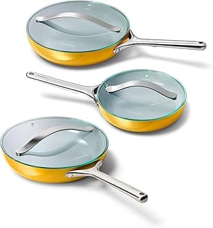 Caraway Ceramic Nonstick Fry Pan Set with Glass Lids – Includes Two 10.5” Fry Pans, One 8” Fry Pan, & Three Lids - Non Toxic, PTFE & PFOA Free - Oven Safe & Compatible with All Stovetops - Marigold