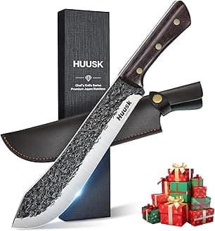 Huusk Butcher Knife for Meat Cutting, Hand Forged Meat Knives, High Carbon Cleaver with Wood Handle, Slicing Knife with Box, Ideal Christmas Gift for Man and Women