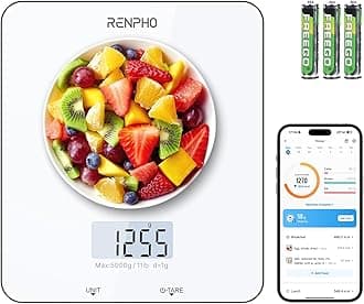 RENPHO Food Scale, Kitchen Scale for Food Ounces and Grams, Smart Cooking Calorie Scale with Timer, Nutritional Analysis with App for Keto Macro Weight Loss, White, 11lb/5kg