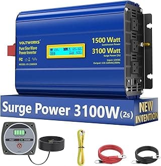 Pure Sine Wave Inverter 1500 Watt 12V to 110V 120V AC Surge Peak 3100W for 2s Power Inverter FCC Approved Built-in UL Fuse PD36W USB-C Port Compatible with Lithium Battery for Off-Grid Solar Car RV