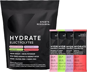 Sports Research® Hydrate Electrolytes Powder Packets - Sugar-Free & Naturally Flavored with Vitamins, Minerals, and Coconut Water - Supports Hydration - 16 Packets - Variety Pack | Sugar-Free, Naturally Flavored, with Vitamins, Minerals, and Coconut Water, Supports Hydration