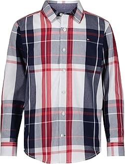 Tommy Hilfiger Boys' Long Sleeve Woven Button-down Shirt, Lightweight & Breathable