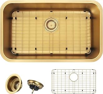 Gold Kitchen Sink 30 Inch, SUS304 Stainless Steel Undemount Kitchen Sinks, 30" x 18" x 9" Large and Deep Single Bowl Kitchen Sinks With Grid and Sink Drain Assembly