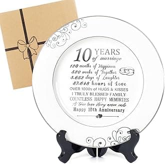 10th Anniversary Plate with Platinum Foil Decorations - 10 Year Wedding Tin Gifts for Her Couples Wife Him Husband, Ceramic 9"