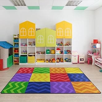 Kids Playmat Rug, Soft Classroom Seating Area Rugs - 5x7 Ft Nursery Carpet with Rubber Backing, Colorful Checkered Rug Suitable for Preschool, Artroom, Library and Reading Area, Multicolor
