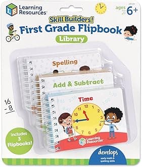 Skill Builders! First Grade Flipbook Library - Early Math and Spelling Activities for Kids, Time Skills, Classroom Must Haves, Montessori Teacher Supplies, Gifts for Boys and Girls