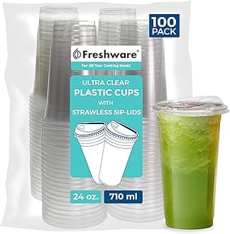 Freshware 24 oz Clear Disposable Plastic Cups with Strawless Sip Lids, 100 Pack Clear Plastic Cups Tumblers, Heavy-duty Party Glasses, Disposable Cups for Thanksgiving, Halloween, Christmas Party