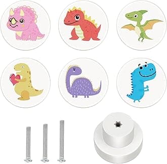 Wooden Drawer Knobs Dinosaur Cabinet Knobs Decorative Nursery Dresser Knobs 35mm with 3-Sized Screws for Kids Bedroom Girls Boys Toddler Room (6-Pack)