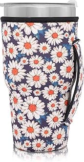 Reusable Iced Coffee Cup Sleeve Neoprene Insulated Sleeves Cup Holder with handle Idea for 30oz - 32oz Tumbler Cups, Protein Shake Bottles(Only Cup Sleeves), Daisy Blooming