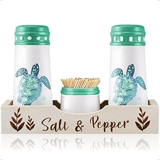 Turtle Salt and Pepper Shakers with Holder - Beach Salt Pepper shaker Set w Toothpick Jar, Farmhouse Cute Kitchen Decor Accessories for Kitchen Counter Dining Table, Unique Coastal Collectable Gifts