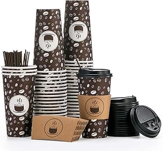 JOLLY PARTY Disposable Coffee Cups with Lids, Sleeves and Straws - 20oz(50 Pack) Paper Cups with Lids, Hot Coffee Cups for Shops, Cafes, and Concession Stands(Dark Brown)