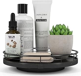 9" Oak Bathroom Vanity Tray Turntable for Perfume Candle, Round Wooden Decorative Tray for Kitchen Sink Countertop Organizer, Bathroom Counter Organizer for Skincare Makeup, Farmhouse Black Gold