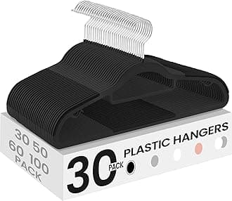 SONGMICS Pack of 30 Coat Hangers, Space-Saving Plastic Clothes Hangers, Non-Slip, 0.2 Inches Slim, 16.5 Inches Wide, 360° Swivel Silver Hook, Black UCRP20BK30
