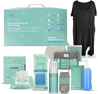 Postpartum Essentials Kit for Mom - Includes Peri Bottle, Witch Hazel Foam, Pad Liner, Comfy Garments and More! Post Partum Care Kit