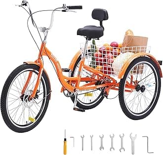 VEVOR Adult Tricycles Bike, 20 Inch Three-Wheeled Bicycles, 3 Wheel Bikes Trikes, Aluminum Alloy Cruiser Bike with Basket & Adjustable Seat, Picnic Shopping Tricycles for Seniors, Women, Men (Orange)