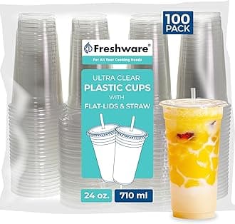 Freshware Clear Plastic Cups with Flat Lids and Straws [100 Cups - 24 oz] Disposable Cups for Iced Coffee, Smoothie, Milkshake, Cold Drinks