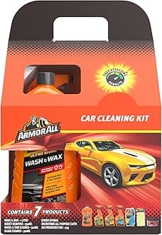 Armor All 7-Piece Car Cleaning Kit, Includes Glass Cleaner, Jumbo Sponge, Car Wash & Wax, California Scents Can Car Air Freshner, Wheel & Tyre Cleaner 500ml, Insect Remover and Microfibre Cloth