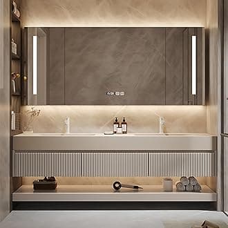 Double Sink Bathroom Vanity - Solid Wood Bathroom Vanity with Smart Defog Mirror ＆ Light, Floating Double Sink Cabinet with Abundant Storage Space (92IN)