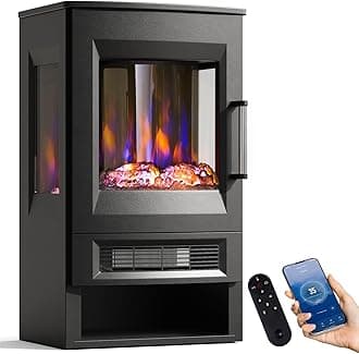 – INMOZATA Electric Fire Stove 3D Glass Display Freestanding Electric Fireplace with 8 Flame Effect & 8 Ember Bed Effect Available, Overheat Protection & 45° Tip Over Protection, APP & Remote Control