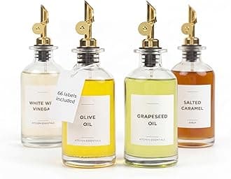 Olive Oil Dispenser Bottle - Includes 55 Kitchen Essential Labels - Cooking Oil Bottles for Kitchen, Coffee Syrup Dispenser - Pourer Spout with 11.8 fl oz Glass Container Cruet - 4pcs, Gold