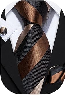Stripe Men Ties Set Classic WOVEN Necktie with Handkerchief Cufflinks Formal, Dark Brown, One size