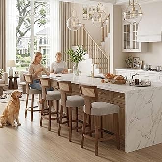 26’’ Rattan Barstools with Back Counter Height Bar Stools Set of 4, Grey PU Leather Upholstered Modern Farmhouse Kitchen Counter Wicker Stools, Boho Bar Chairs with Natural Wooden Frame