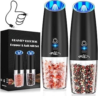 XinXu Upgraded Rechargeable Gravity Electric Pepper and Salt Grinder Set with LED lights,Stainless Steel Automatic Pepper or Salt Grinder Mill Shaker Refillable with Adjustable Coarseness,(Black)