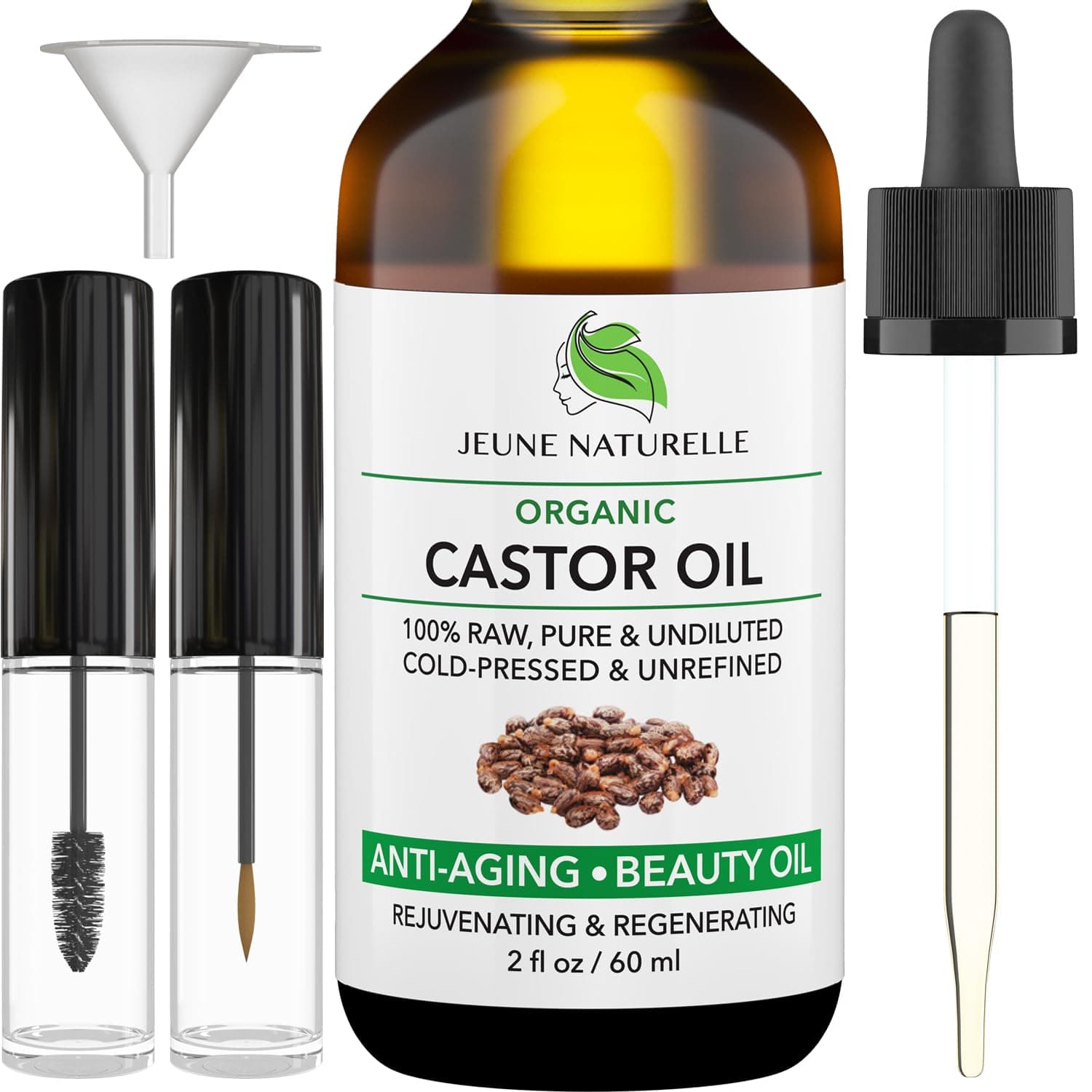 Castor Oil Organic, Cold Pressed Unrefined - 100% Pure, Raw, Virgin, Undiluted for Hair Growth, for Face, Eyelashes, Eyebrows, Hexane Free Organic Castor Oil for Hair, 2 oz