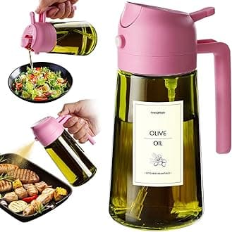TrendPlain 470ml Olive Oil Spray Bottle - 2 in 1 Olive Oil Dispenser Bottle for Kitchen Accessories - Kitchen Gadgets, For Air Fryer - with Stickers, Light Blocking - Bubblegum
