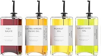 New England Stories Kitchen Oil Dispenser Set, 4-Piece, Black Glass, Drip-Free Spout, Cooking, Condiment Dispenser