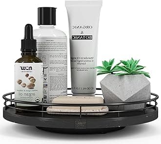 10" Oak Bathroom Vanity Tray Turntable for Perfume Candle, Round Wooden Decorative Tray for Kitchen Sink Countertop Organizer, Bathroom Counter Organizer for Skincare Makeup, Farmhouse Black Gold