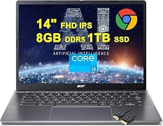 acer Chromebook Plus 514 Google AI Laptop | 14" FHD IPS Multi-Touch Display | Intel Octa-core i3-N305 | 8GB DDR5 1TB SSD | USB-C Free Google AI/2TB Loud Storage for 1-Year Grey + HDMI Cable