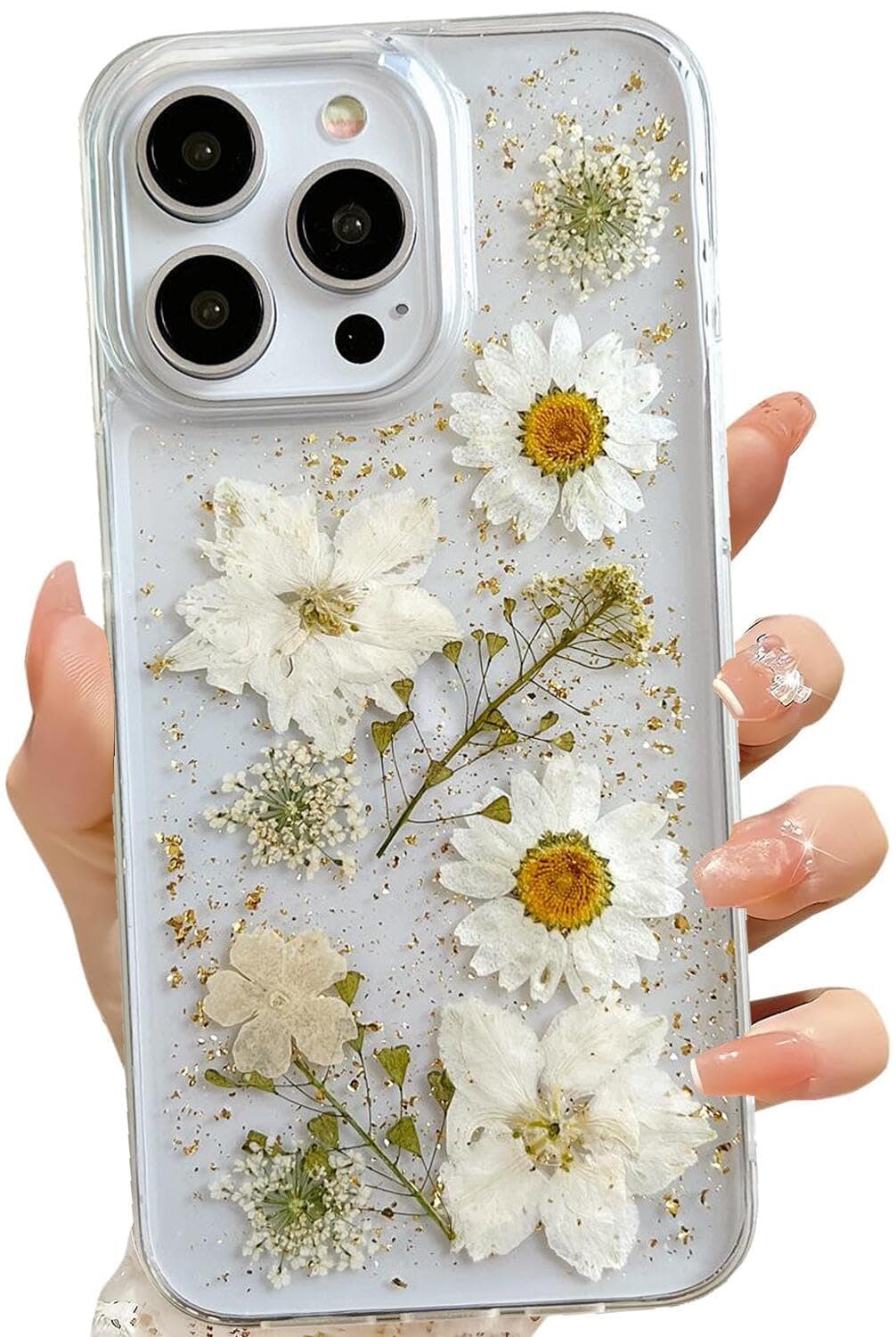 for iPhone 13 Pro Max Clear Case with Pressed Real Flowers Design,Glitter Cute White Floral Pattern Slim Soft TPU Protective Women Girl's Phone Cover for iPhone 13 Pro Max