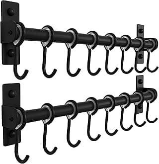Dseap Kitchen Hooks for Hanging Utensils, Hanging Pot Rack, Kitchen Utensil Hanger Rail with 8 Hooks for Pots Pans, Spoons, Mugs, Wall Mounted, Stainless Steel, Black, Pack of 2