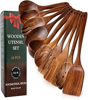 10-Piece Natural Teak Wood Utensil Set - Nonstick Cooking Spoons & Spatulas, Heat Resistant Kitchen Tools