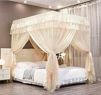 Mengersi Canopy Bed Curtains Full Sizes,Bed Canopy for Girls Royal Luxurious Cozy Bed Drapes Girls Room Decor(Ivory,Full)