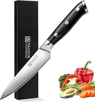 PAUDIN Utility Knife, Damascus Kitchen Knife, 67-Layer Forged Blade, Ultra Sharp Edge, Full Tang G10 Handle with Triple Rivets, 5'' Paring Knife for Cutting Fruit and Vegetables