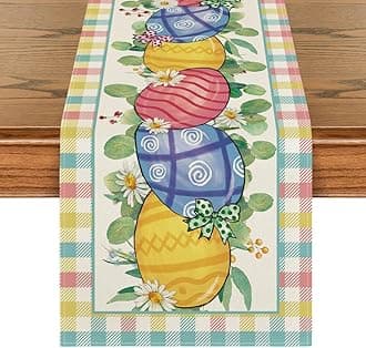 Artoid Mode Buffalo Plaid Daisy Egg Easter Table Runner, Seasonal Kitchen Dining Table Decoration for Indoor Home Party 13x90 Inch