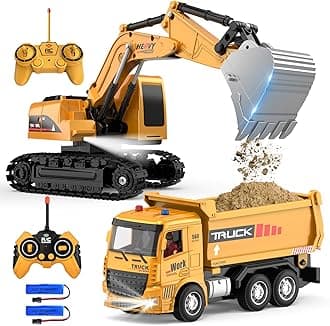 Remote Control Excavator and Dump Truck Toy Set - RC Construction Vehicles Toy with Barricades, Road Signs, Simulated Rocks, Lights and Sounds, Present for Toddlers 3-12 Year Boys Girls