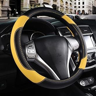 Leather Car Steering Wheel Cover, Non-Slip Car Wheel Cover Protector Breathable Microfiber Leather Universal Fit for Most Cars (Black&Yellow)
