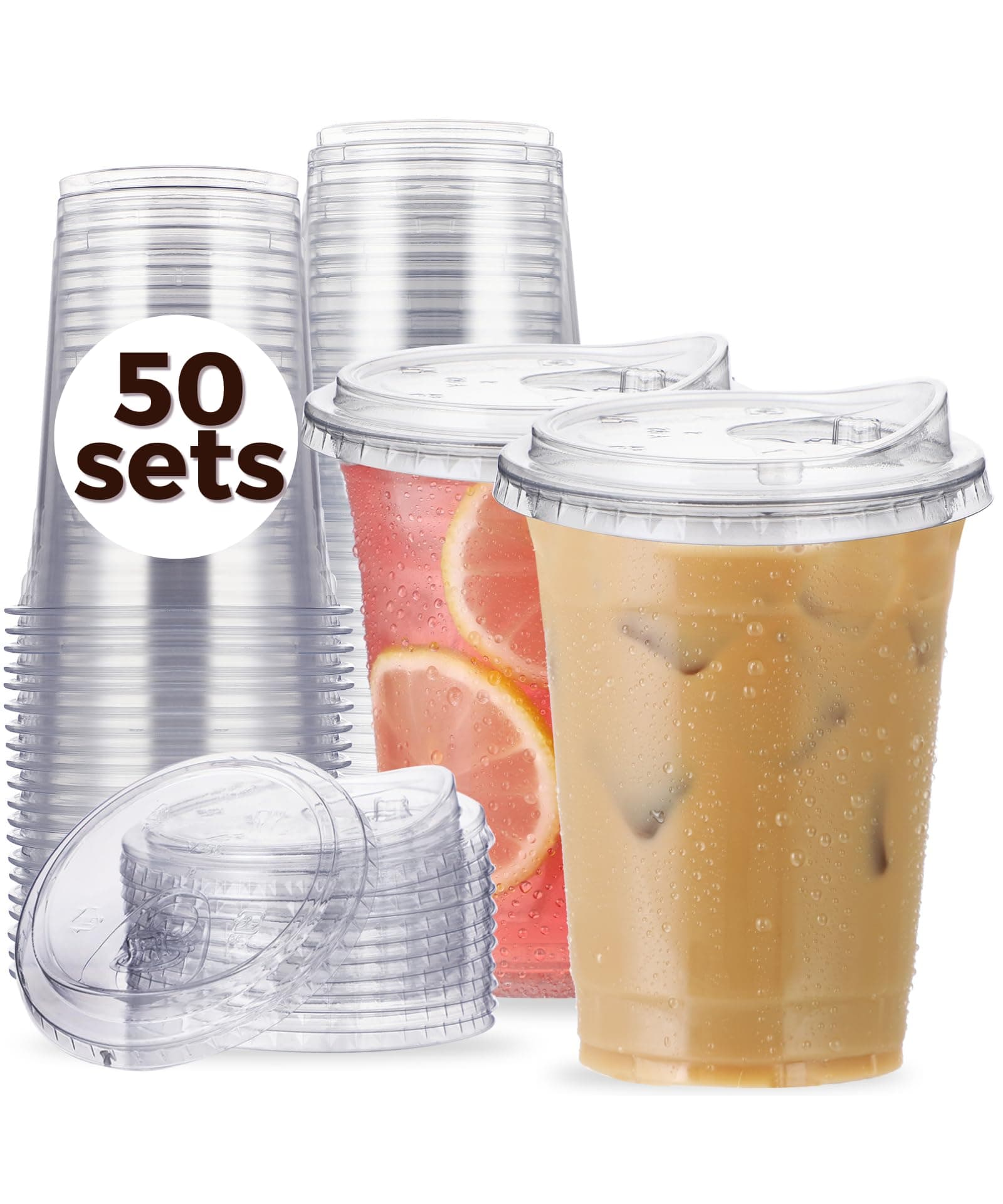 16 oz Clear Plastic Cups with Strawless-Sip-Lids, 50 Sets Disposable Cups Plastic Iced Coffee Cups, To Go Cups with Sip Through Lids for Smoothie, Milkshake, Cold Drinks for Party, Wedding, Event