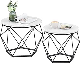 VASAGLE Small Coffee Table Set of 2, Round Coffee Table with Steel Frame, Side End Table for Living Room, Bedroom, Office, Marble White and Ink Black