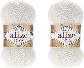 Alize Diva Yarn Hand Knitting 100% Microfiber Acrylic Silk Effect Thread Crochet Art Lace Craft 2 Skeins 200gr 767 Yds (450 - Pearl)