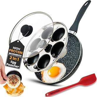 2 IN 1 Egg Poacher Pan & Large Frying Pan - Poached Egg Maker, Granite Egg Poacher with 6 Cups - Egg Pan - 10 Inch Frying Pan Nonstick Omelette Pan