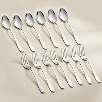 Parage 12 Pieces Stainless Steel Table Spoons and Forks Set with Round Edge, Tableware, Set of 12, Silver (Contains: 6 Table Spoons and 6 Dinner Forks)