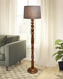 Homesake® Rustic Wood Floor Lamp for Living Room Walnut Brown with Multicolor Fabric Lamp Shade | Light Decoration for Home Side Lamp for Living Room | Antique Floor Light, Candlestick, Grey