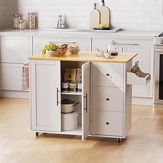 GRUSIGN Kitchen Island with Storage, Rolling Kitchen Cart with 3 Drawers Storage Cabinet on Wheels with Inner Adjustable Shelves for Dining Room/Living Room Thicker,39.37" L X 27.05" W, Milky White