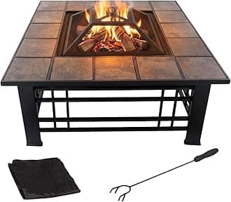 Fire Pit Set, Wood Burning Pit - Includes Spark Screen and Log Poker - Great for Outdoor and Patio, 32” Square Tile Firepit by Pure Garden