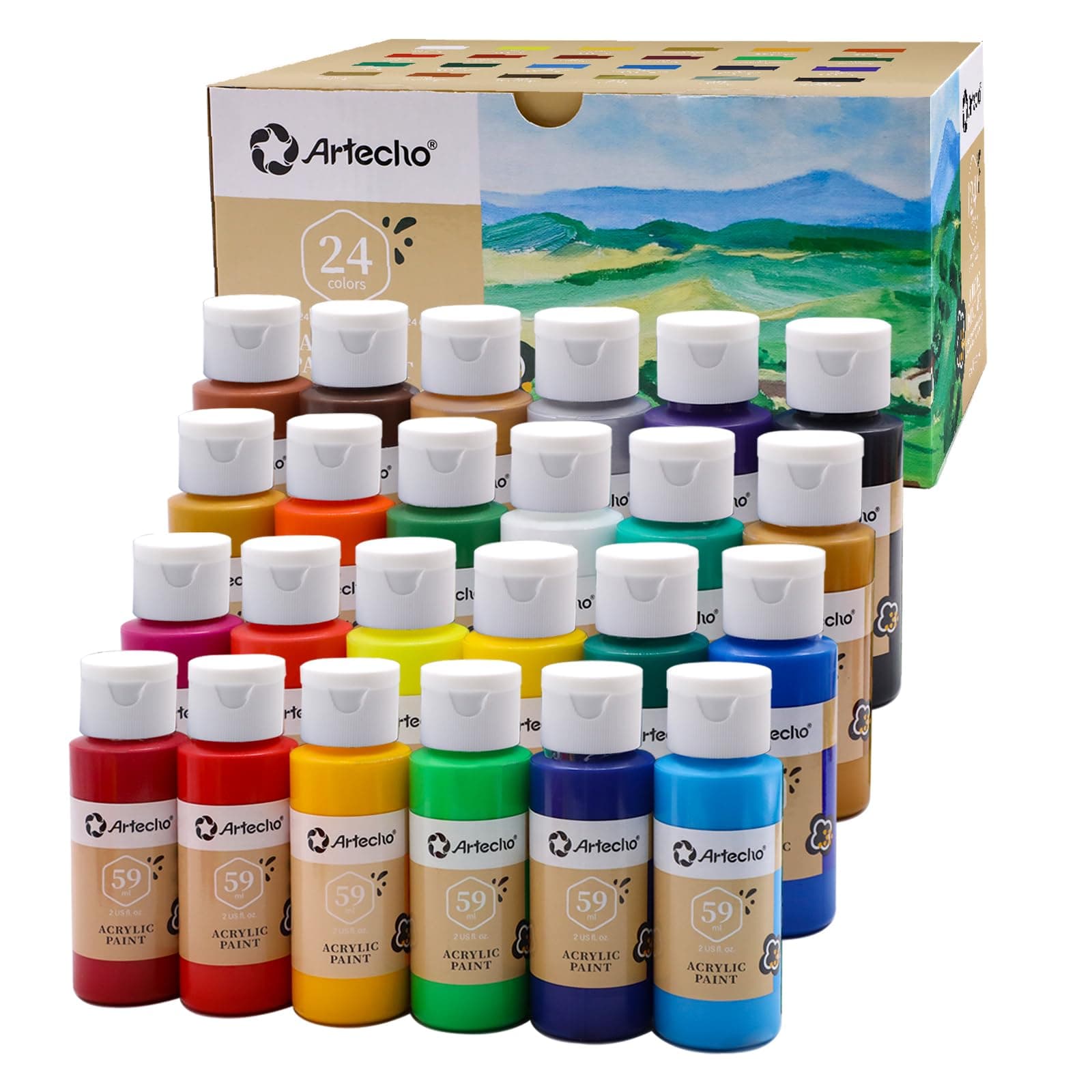 – Artecho Acrylic Paint Set - 24 Colors, 2 Oz/59ml Basic Acrylic Paint for Art, Crafts, Canvas, Fabric, Wood, Leather & Stone